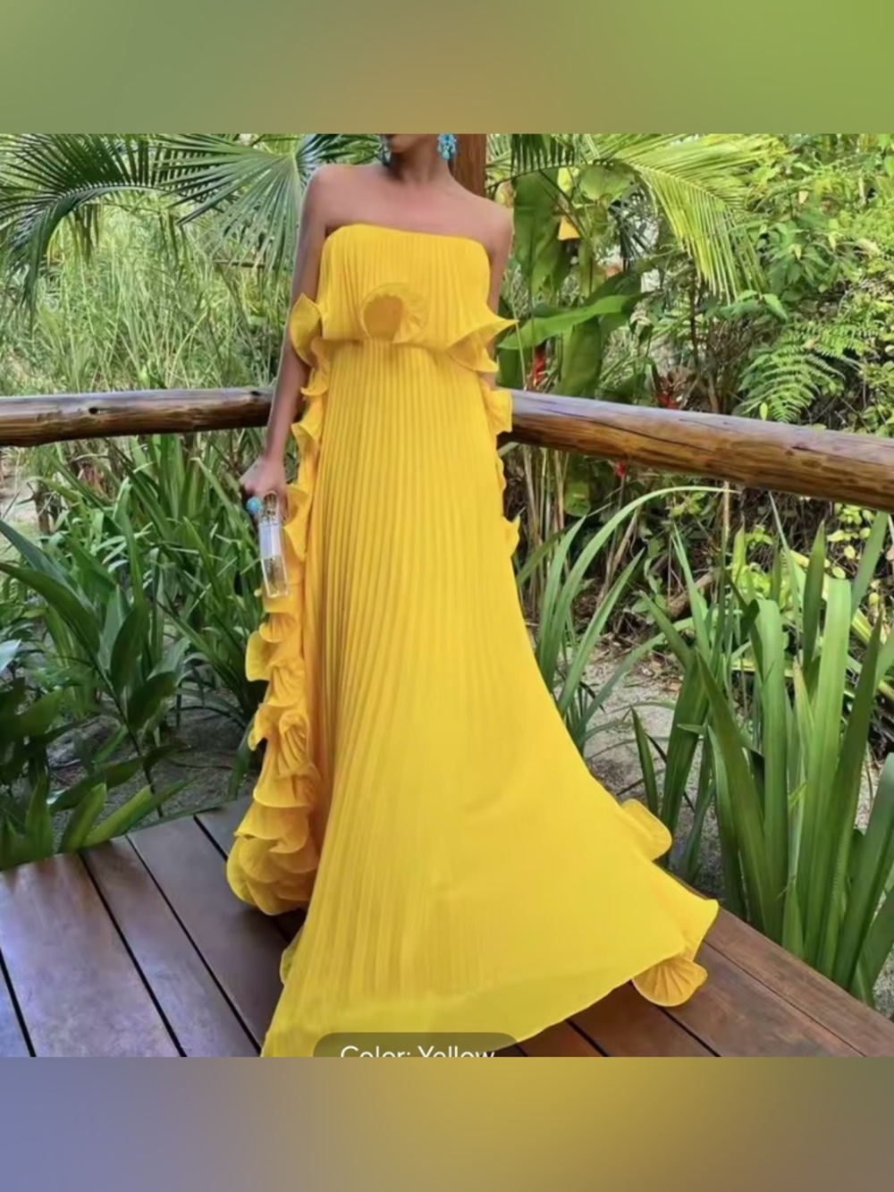 Strapless Yellow Ruffle Maxi Dress